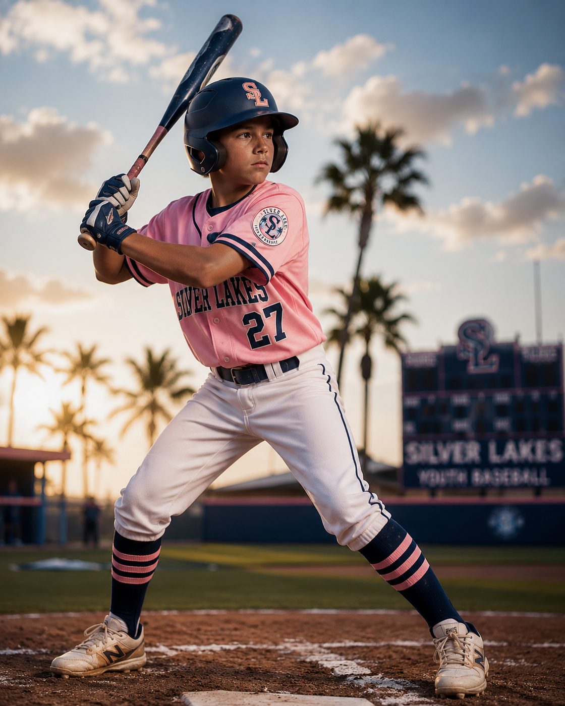 Batter connecting with a pitch at sunset