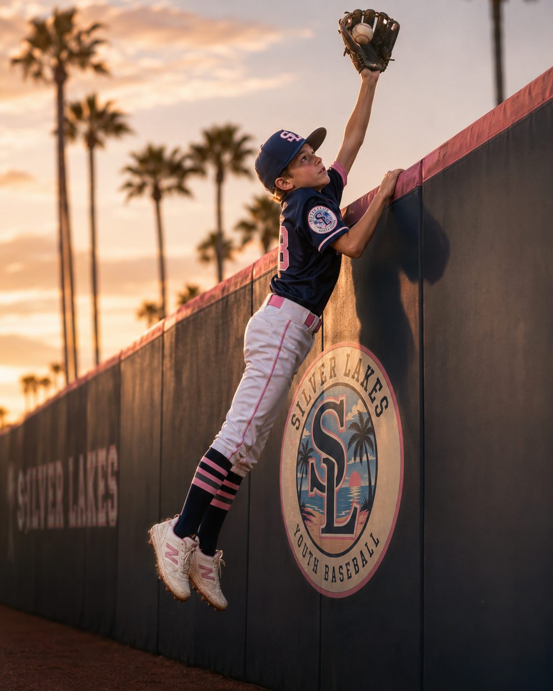 Outfielder catching a fly ball at sunset